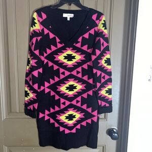 Derek Heart Women's Black & Dark Green geometric  Long Sleeve Sweater Dress Sz L